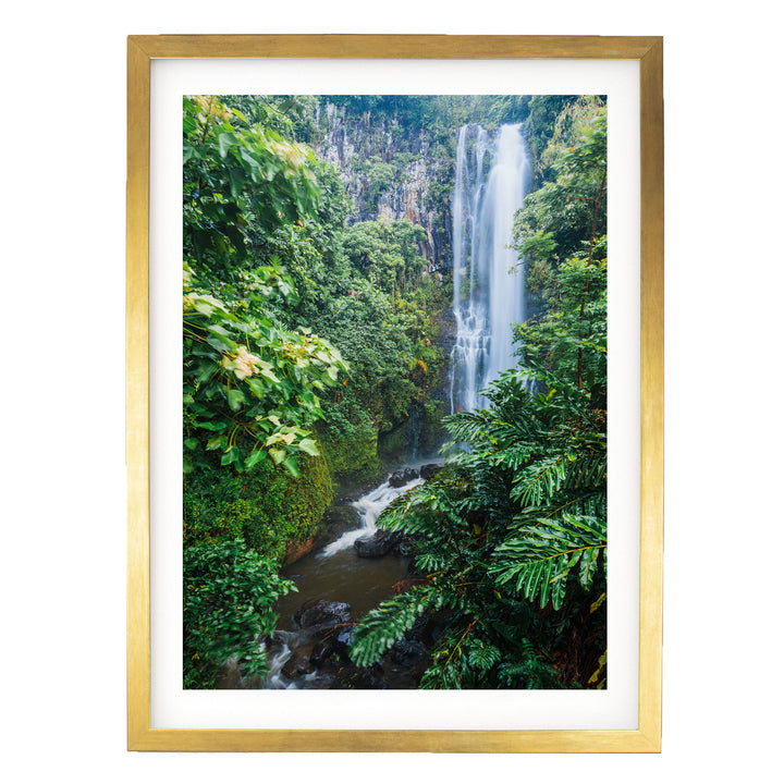 Maui Waterfall, Maui, Hawaii – fine art print in a gold frame with white mat