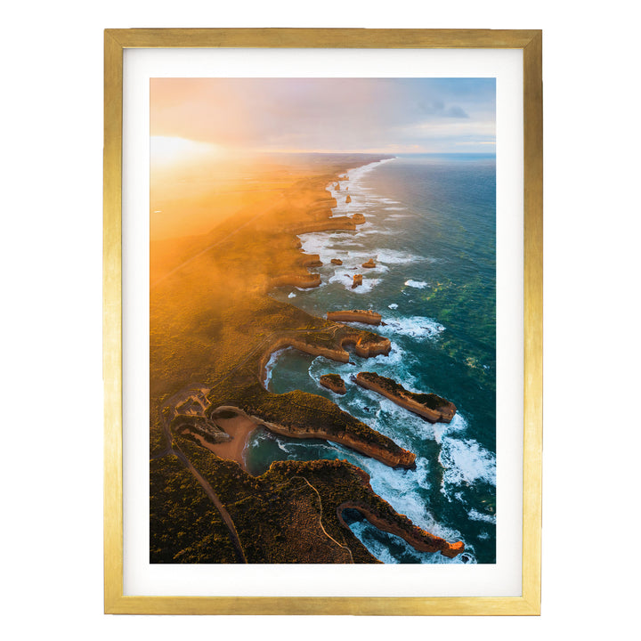 Shipwreck Coast Aerial, Great Ocean Road, Australia – fine art print in a gold frame with white mat