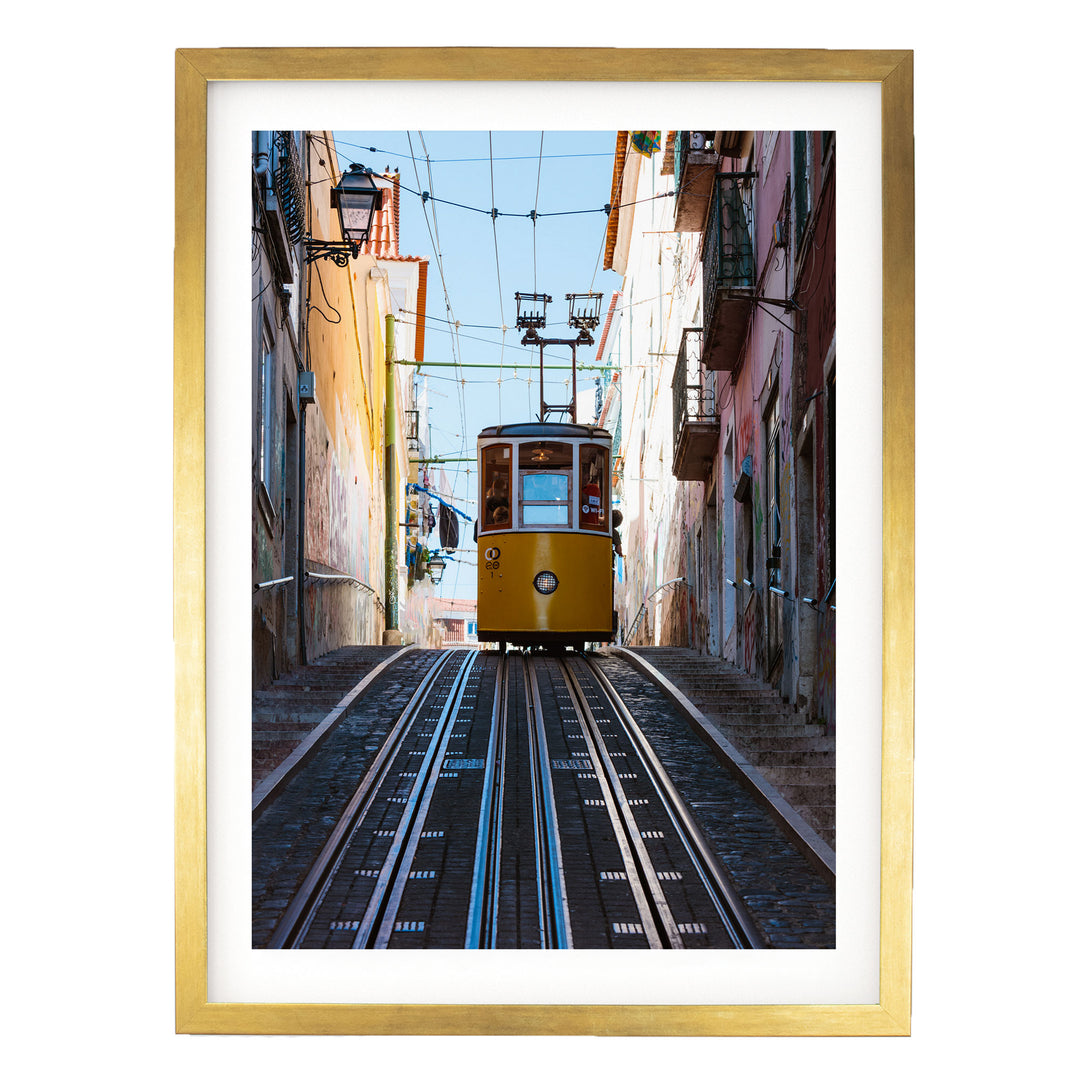 Lisbon Tram II, Portugal – fine art print in a gold frame with white mat