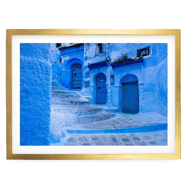 In the Streets of Chefchaouen, Morocco – fine art print in a gold frame with white mat