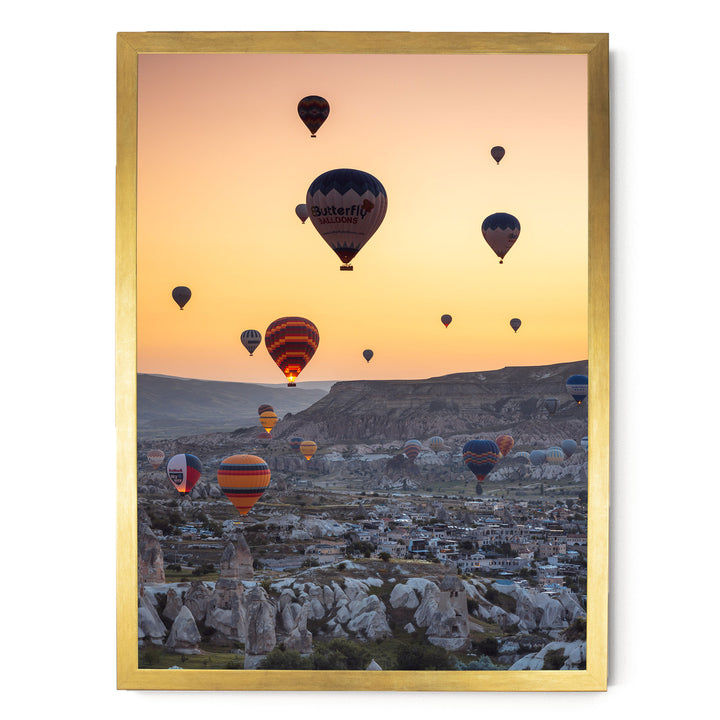 Hot Air Balloons over Cappadocia I, Turkey – fine art print in a gold frame, no mat