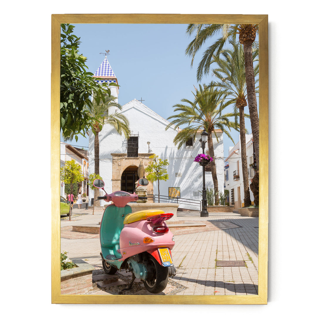 Colourful Vespa, Marbella, Spain – fine art print in a gold frame, no mat