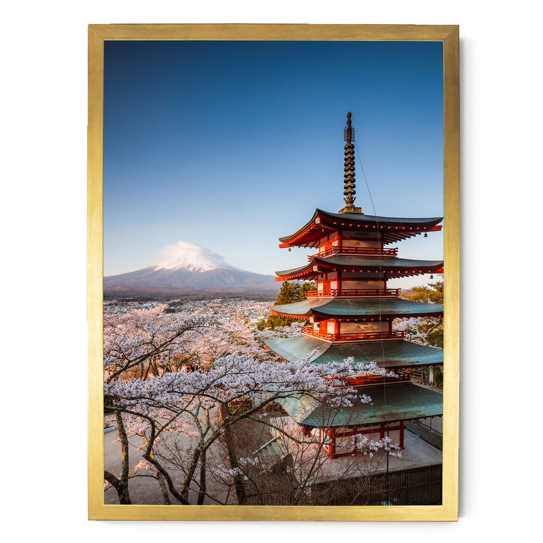 Pagoda and Mount Fuji II, Japan – fine art print in a gold frame, no mat