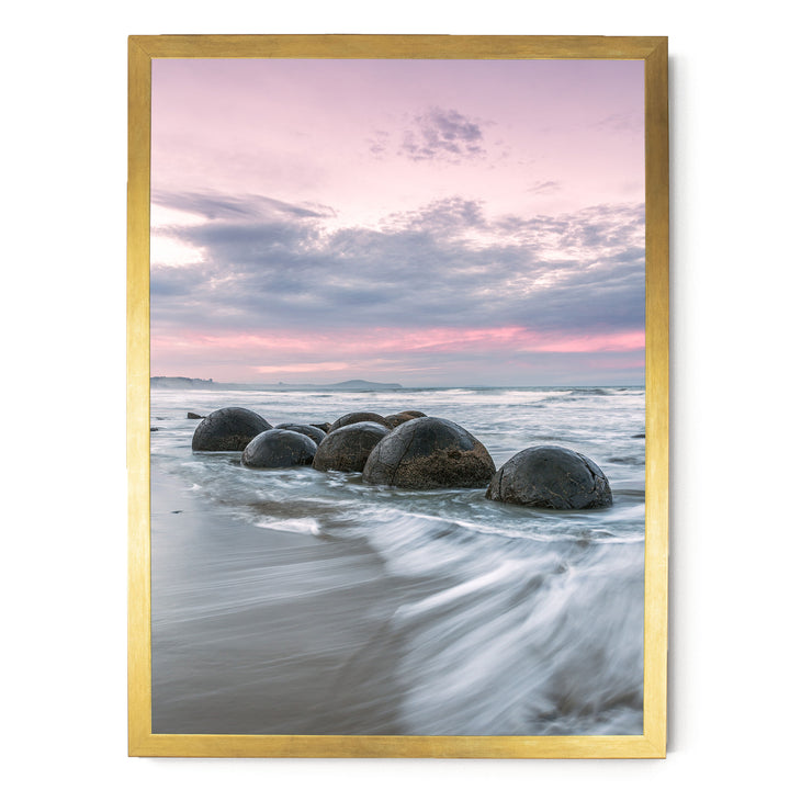 Moeraki Boulders II, New Zealand – fine art print in a gold frame, no mat