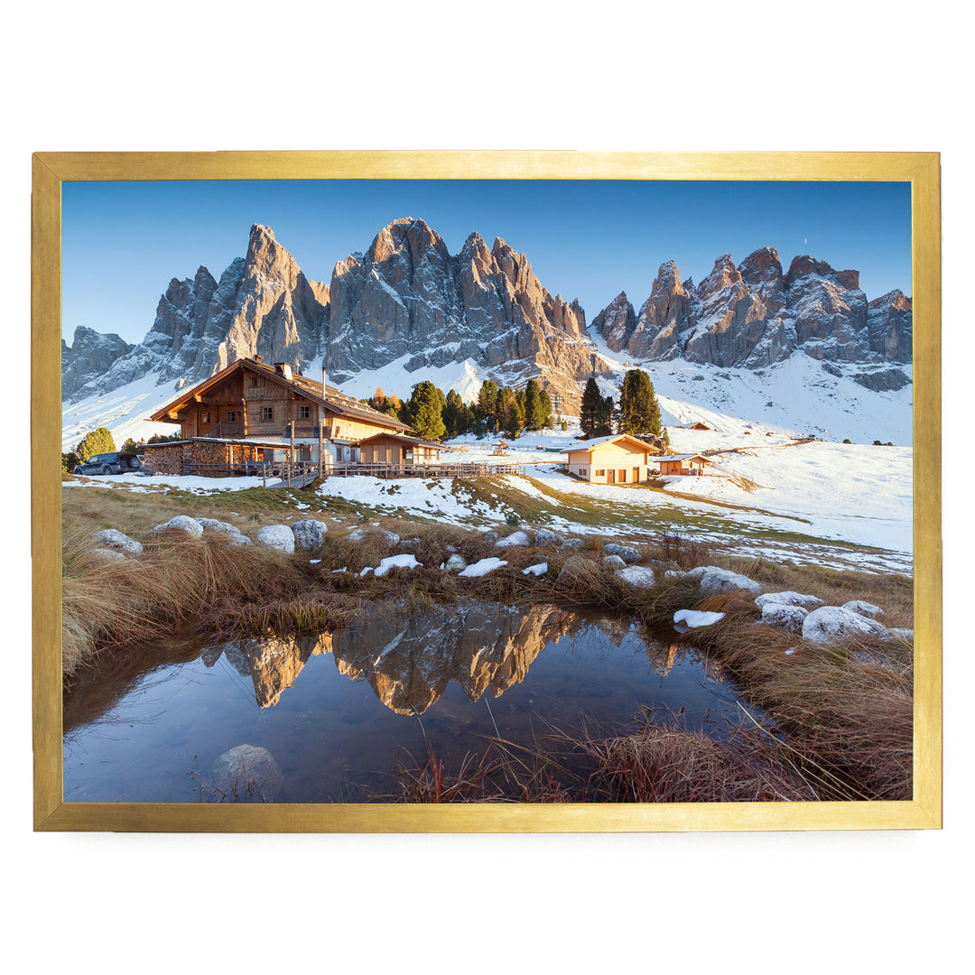 Mountain Hut, Dolomites, Italy – fine art print in a gold frame, no mat
