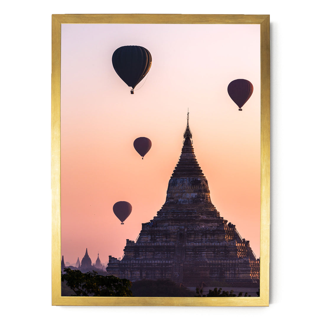 Balloons Flying over Bagan I, Myanmar – fine art print in a gold frame, no mat