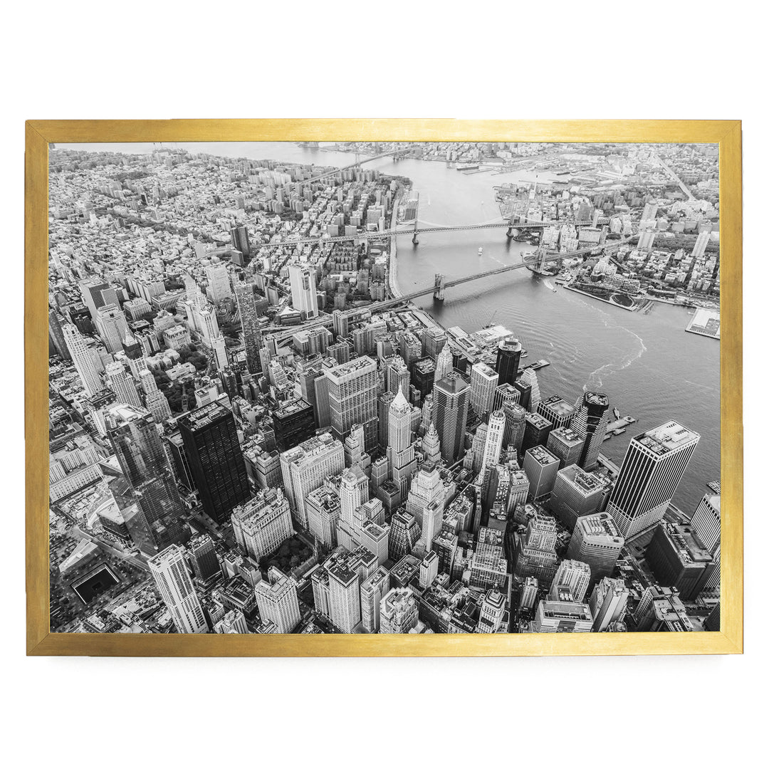 Flying over Manhattan, New York City – fine art print in a gold frame, no mat