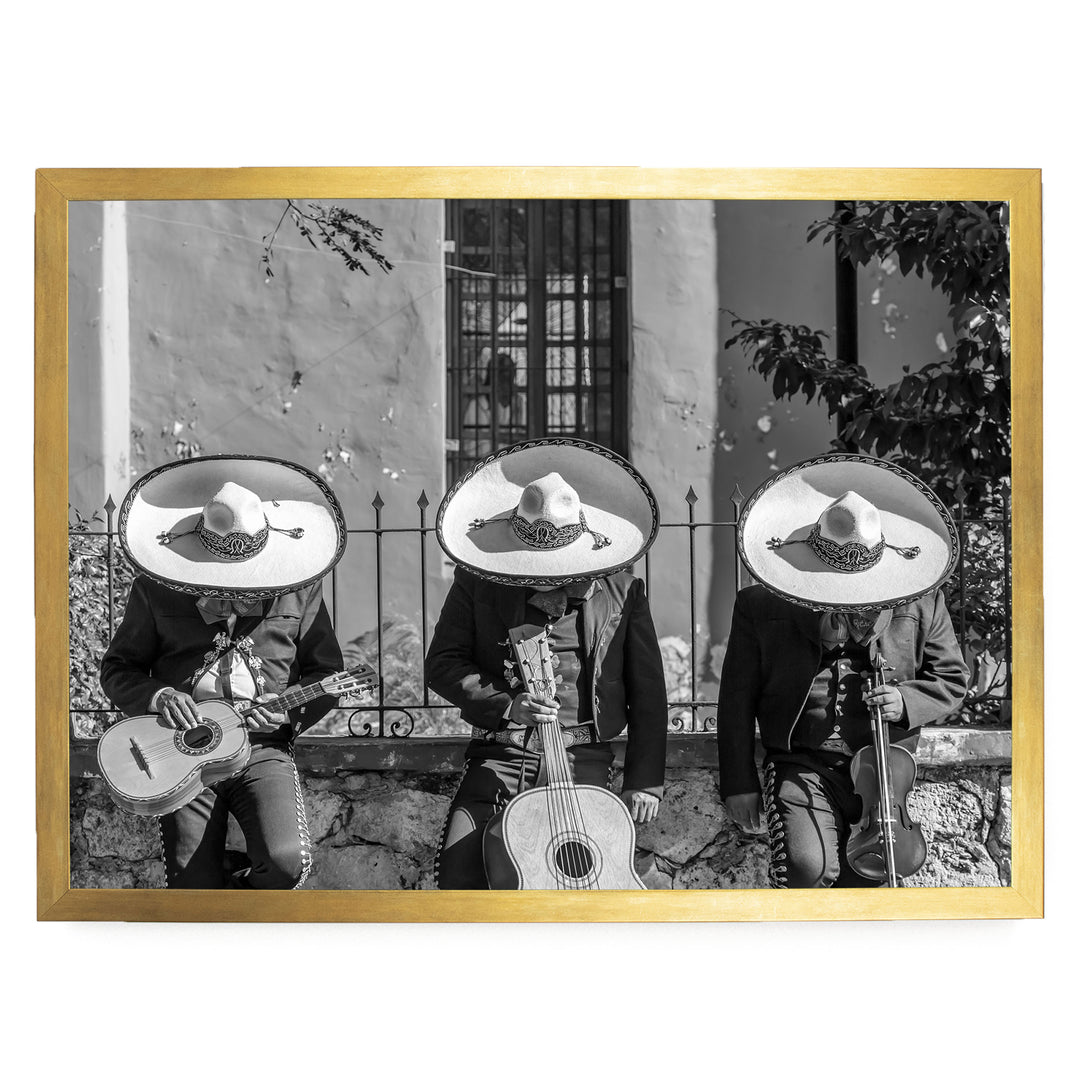 Mariachis Siesta, Yucatan, Mexico – B&amp;W – fine art print in a gold frame, no mat