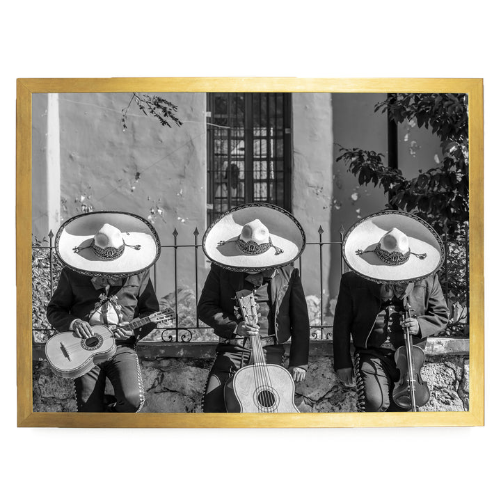 Mariachis Siesta, Yucatan, Mexico – B&amp;W – fine art print in a gold frame, no mat