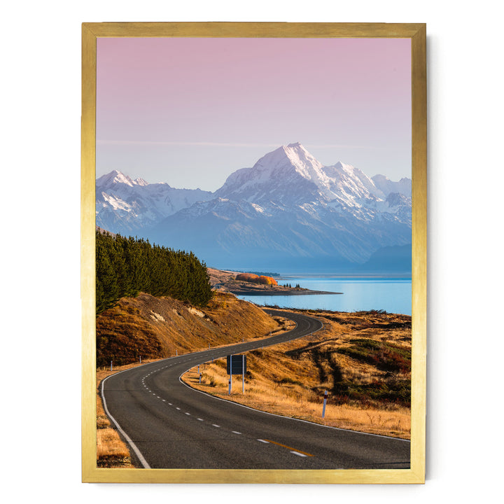 The Road to Mount Cook, New Zealand – fine art print in a gold frame, no mat