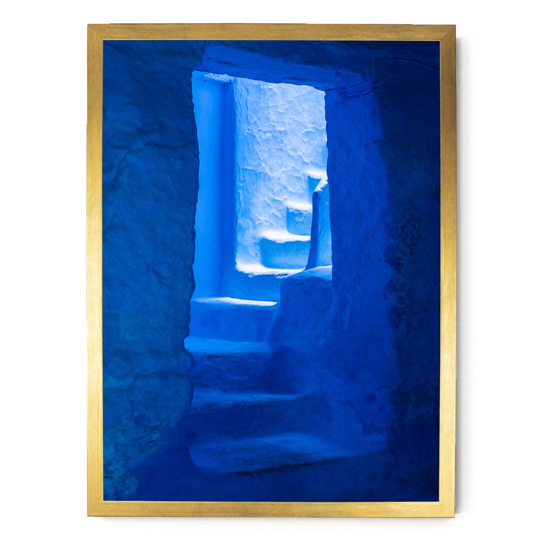 Blue Staircase, Chefchaouen, Morocco – fine art print in a gold frame, no mat