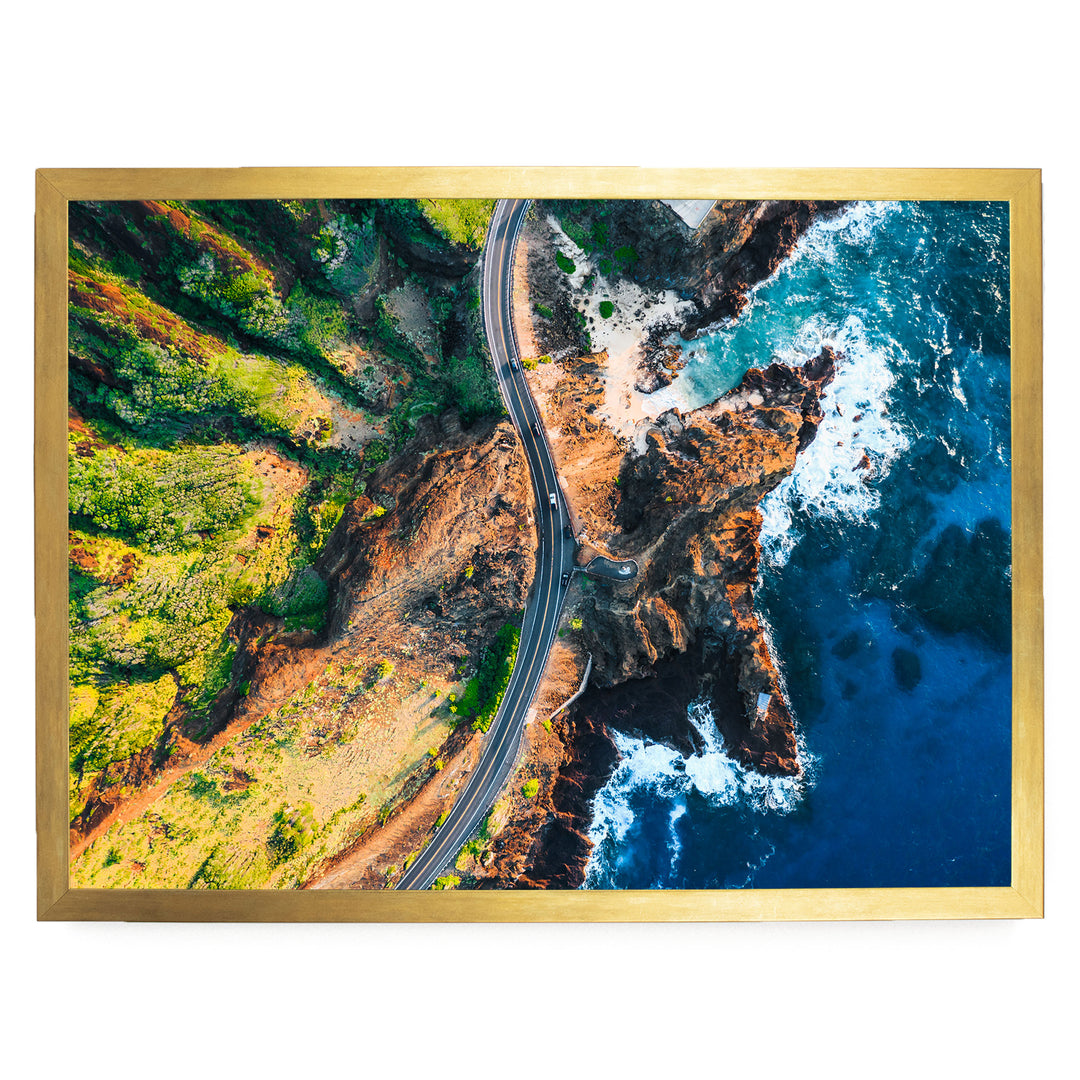 Hawaii Highway II, Oahu, Hawaii – fine art print in a gold frame, no mat