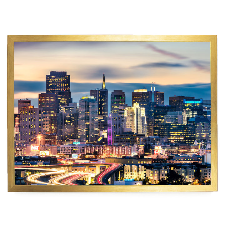 San Francisco Skyline at Night, California – fine art print in a gold frame, no mat