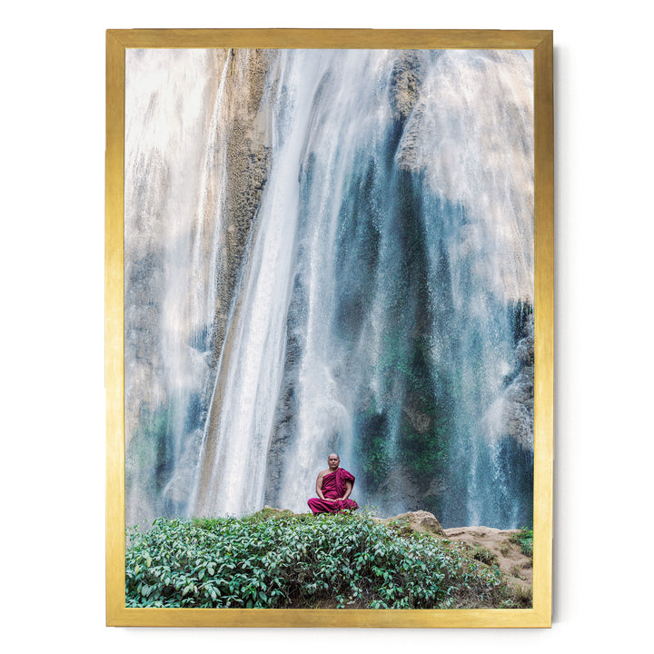 Meditation under the Waterfall, Myanmar – fine art print in a gold frame, no mat