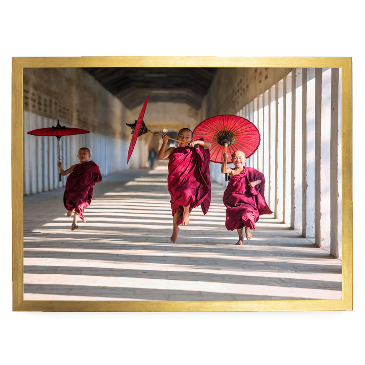 Joyful Monks II, Southeast Asia – fine art print in a gold frame, no mat
