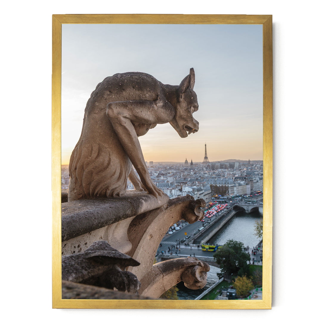 Notre-Dame Gargoyle, Paris, France – fine art print in a gold frame, no mat