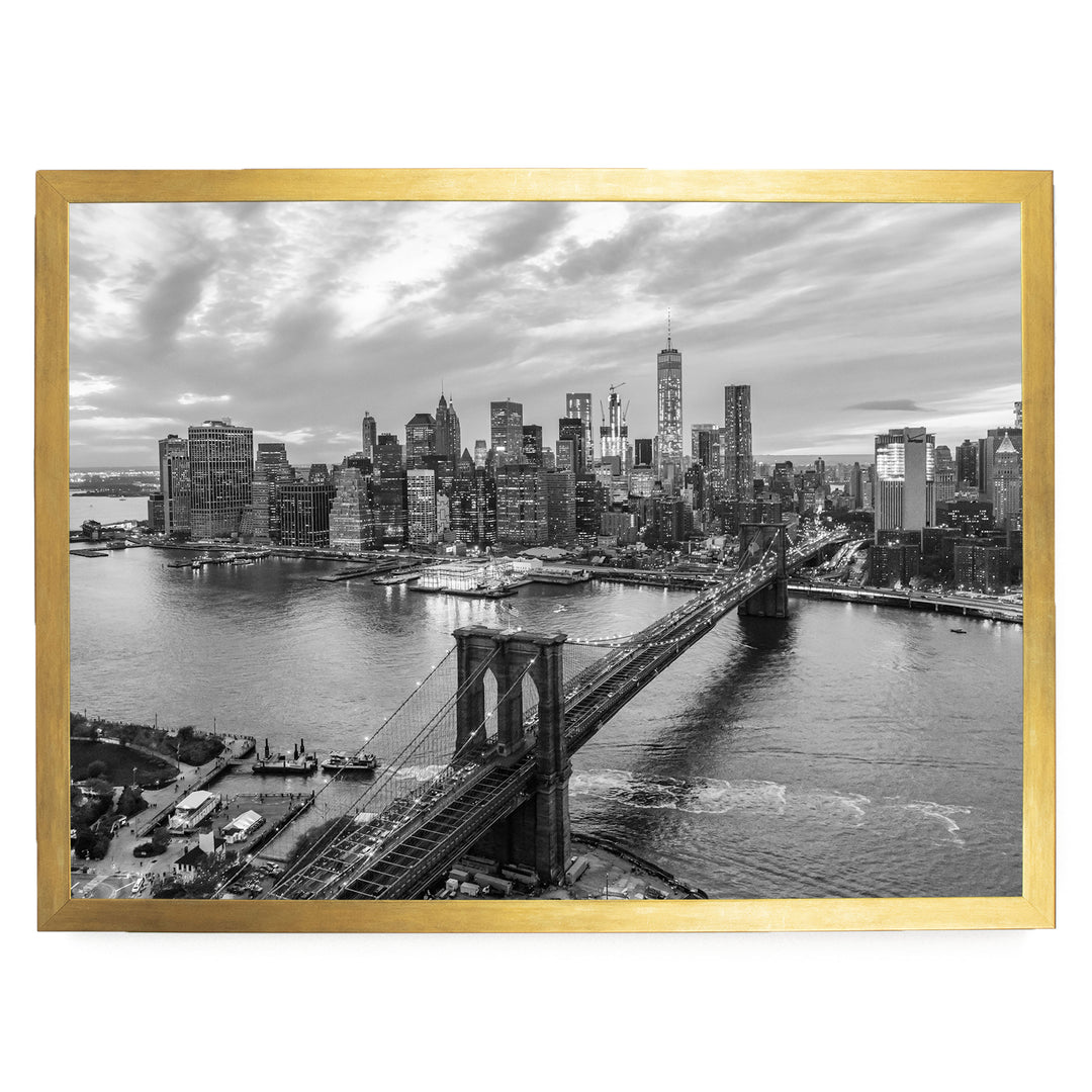 Manhattan and Brooklyn Bridge, New York City – B&amp;W – fine art print in a gold frame, no mat