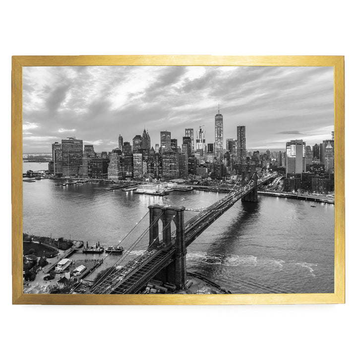 Manhattan and Brooklyn Bridge, New York City – B&amp;W – fine art print in a gold frame, no mat