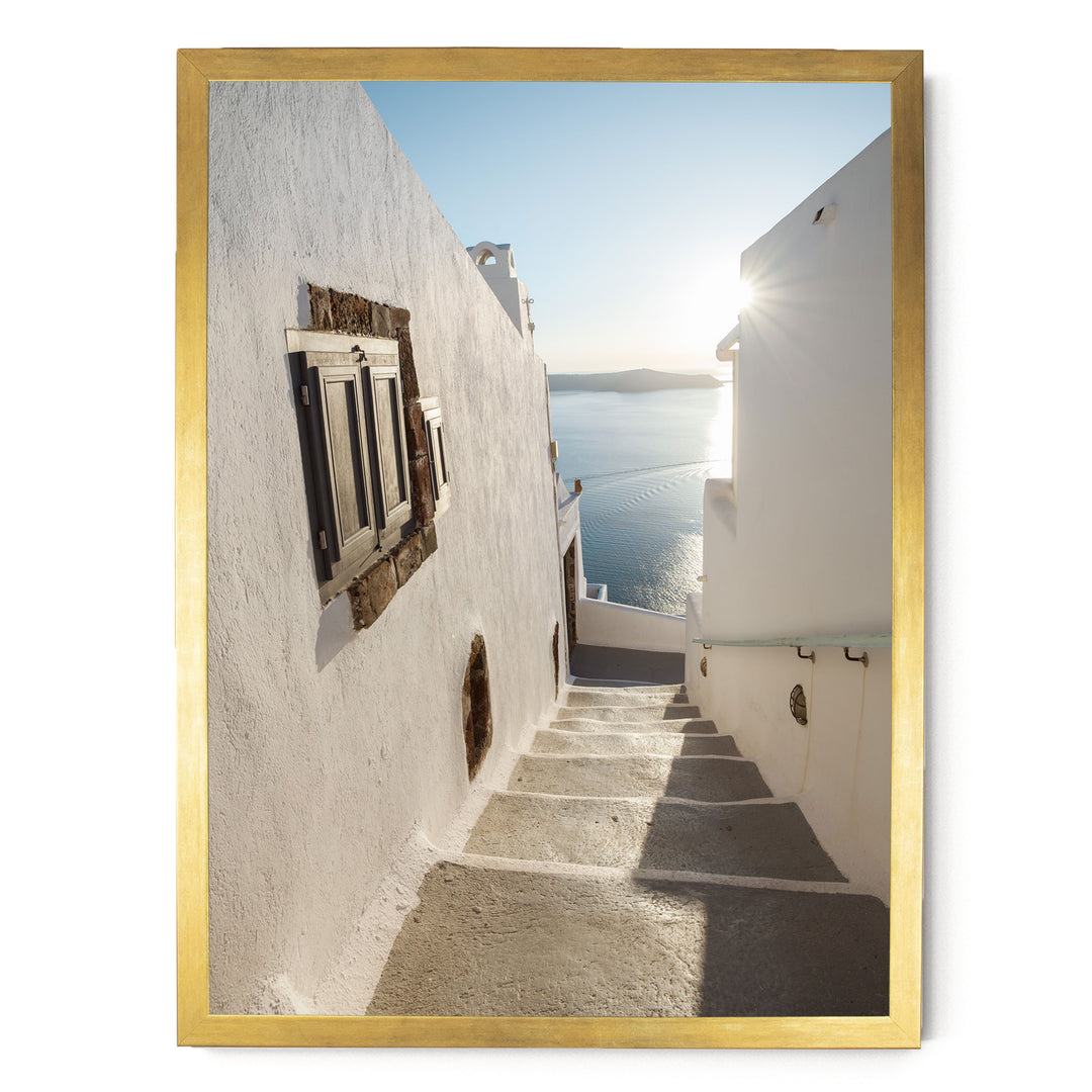 Walking in Oia, Santorini, Greece – fine art print in a gold frame, no mat
