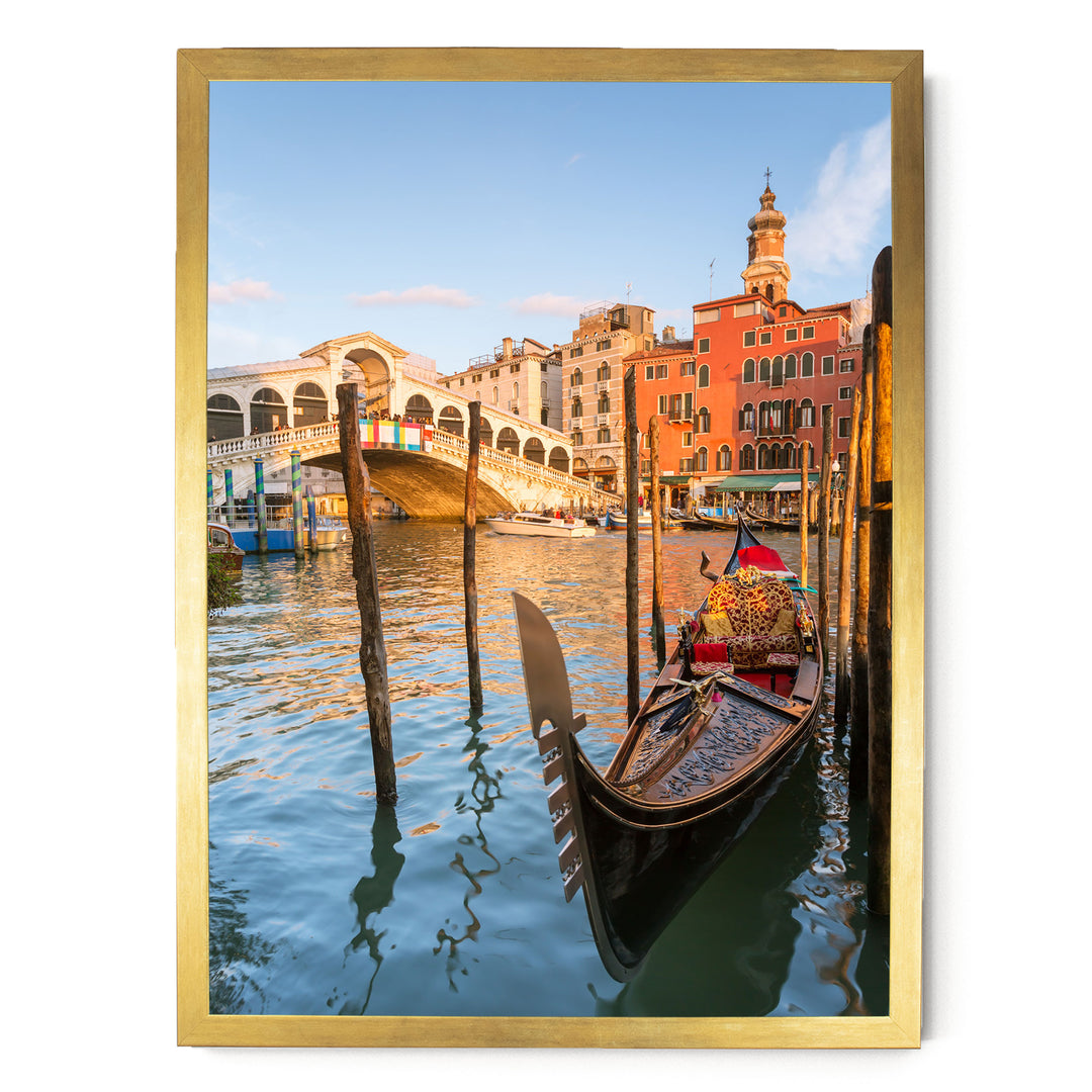 Gondola at the Rialto, Venice, Italy – fine art print in a gold frame, no mat