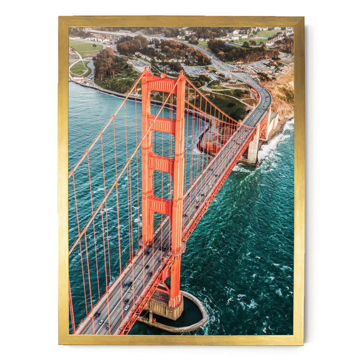 Flying over the Golden Gate Bridge I, San Francisco – fine art print in a gold frame, no mat