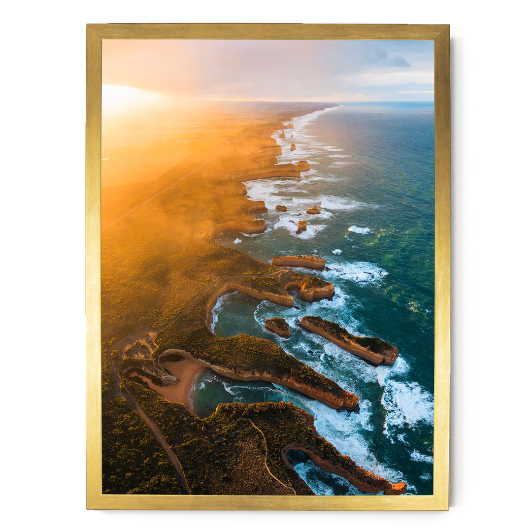 Shipwreck Coast Aerial, Great Ocean Road, Australia – fine art print in a gold frame, no mat