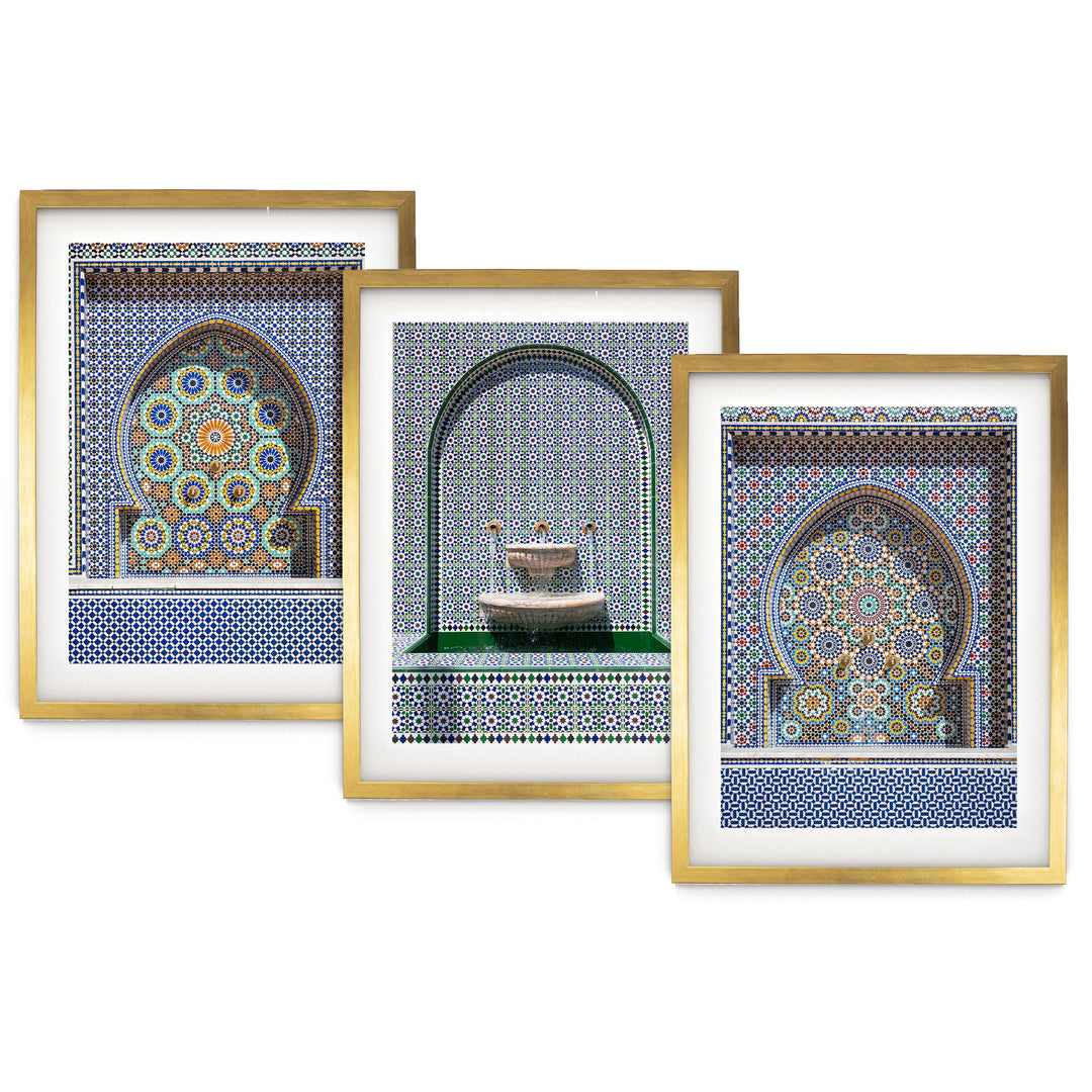 Arabic Fountains, Morocco – Print Set of 3 – fine art print set in gold frames with white mats