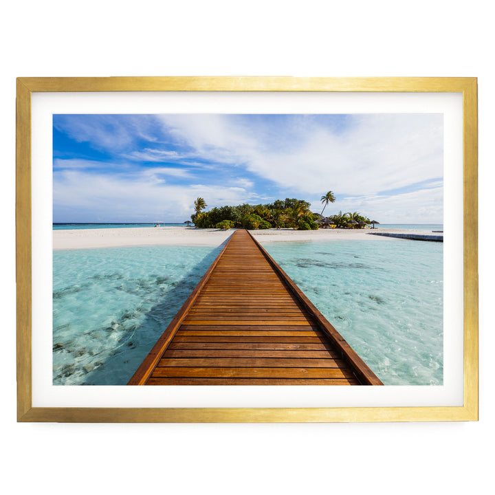 Jetty to the Island, Maldives – fine art print in a gold frame with white mat