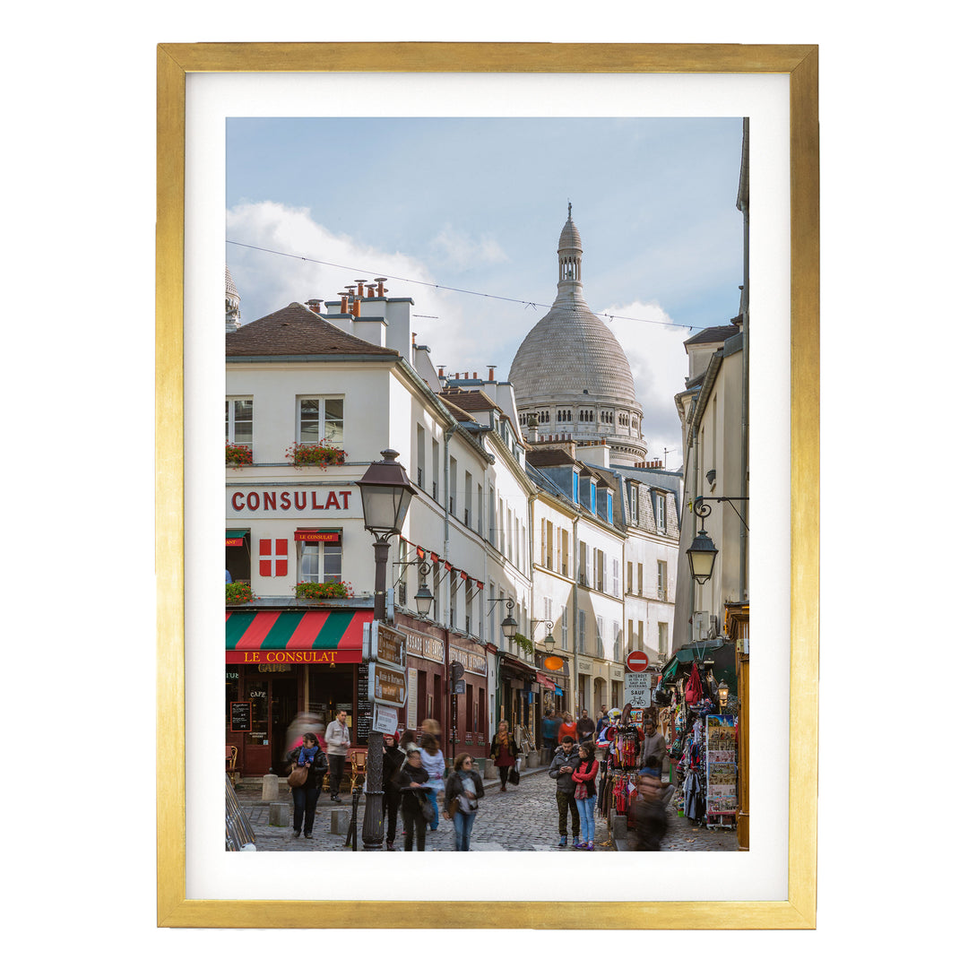Walking in Montmartre, Paris, France – fine art print in a gold frame with white mat