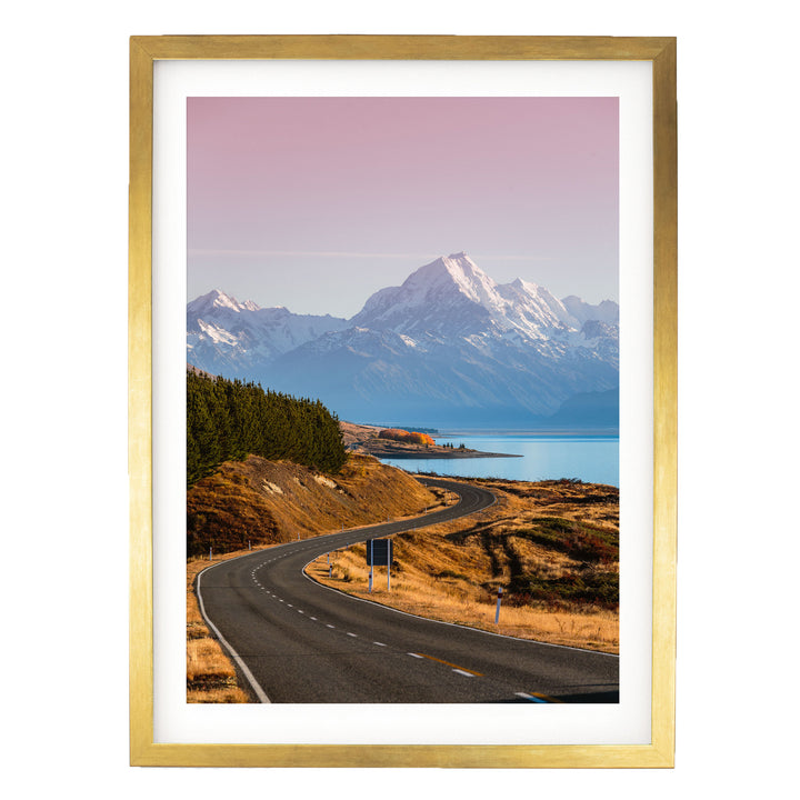 The Road to Mount Cook, New Zealand – fine art print in a gold frame with white mat