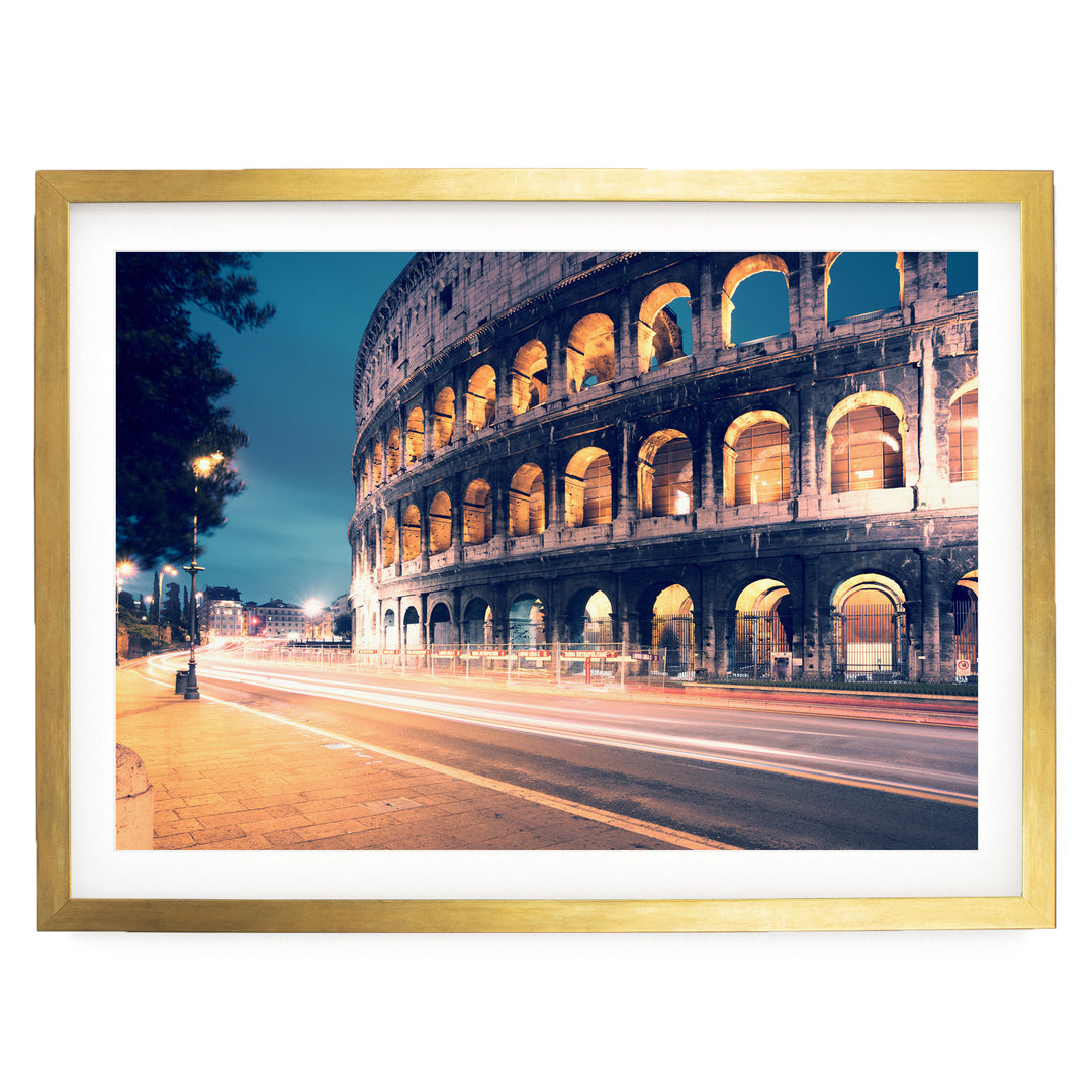 Night at the Colosseum, Rome, Italy – fine art print in a gold frame with white mat