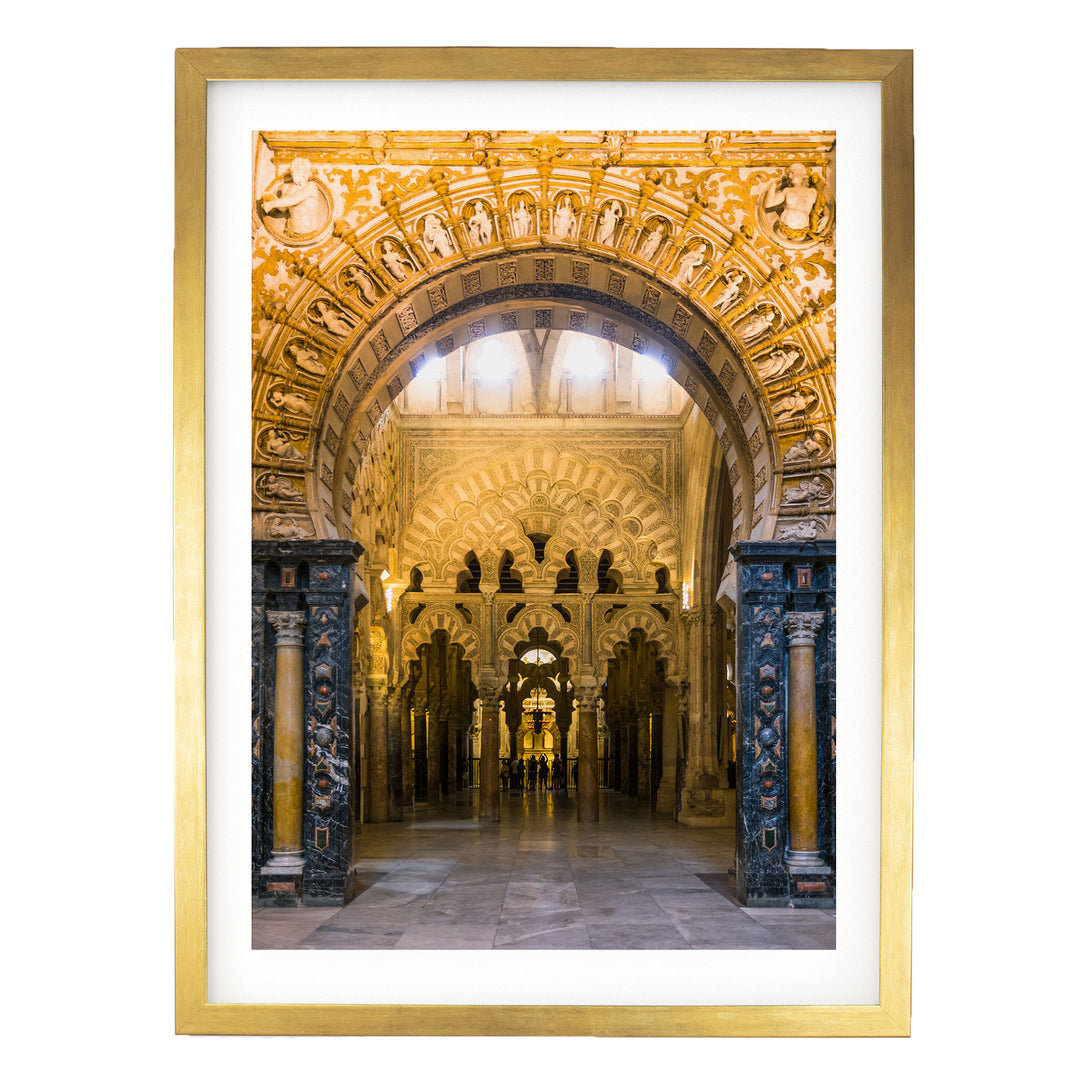 Moorish Arches III, Mezquita, Córdoba, Spain – fine art print in a gold frame with white mat