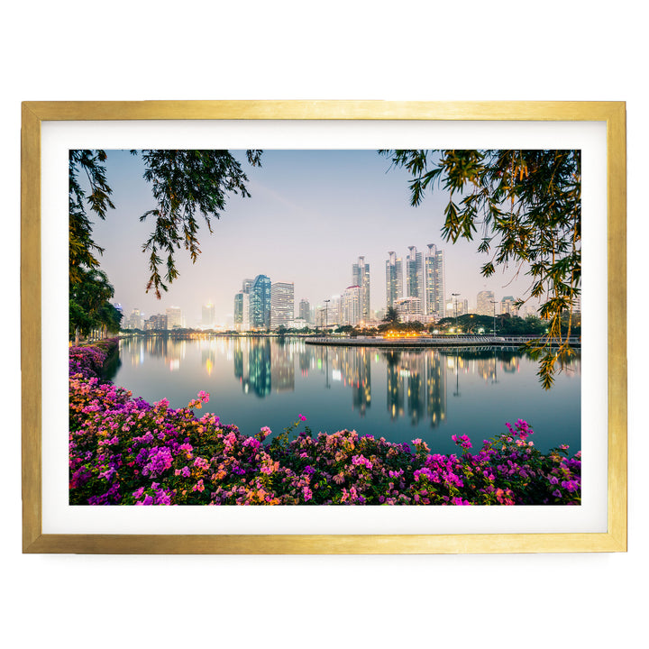 Bangkok at Night, Thailand – fine art print in a gold frame with white mat