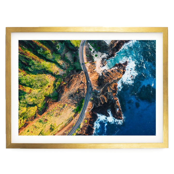 Hawaii Highway II, Oahu, Hawaii – fine art print in a gold frame with white mat