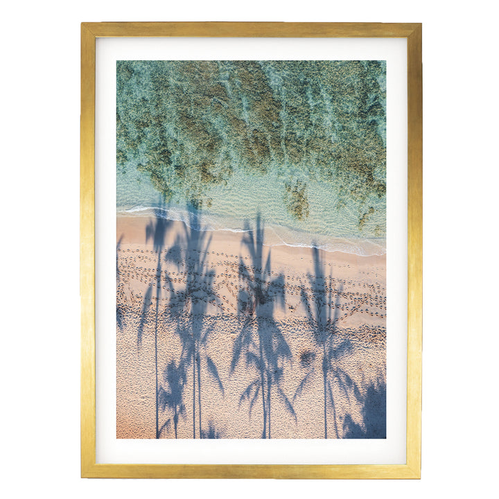 Palm Trees and Beach, Waikiki, Hawaii – fine art print in a gold frame with white mat