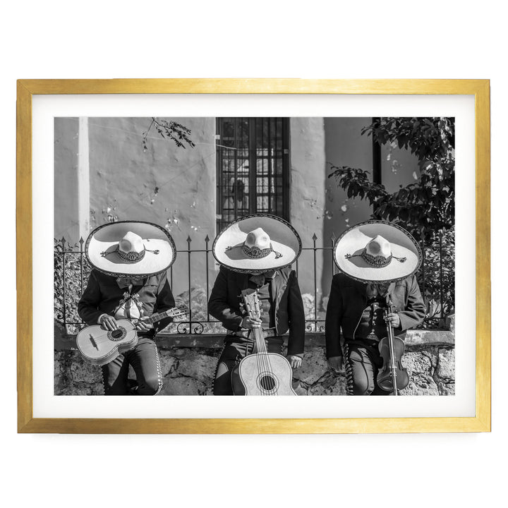 Mariachis Siesta, Yucatan, Mexico – B&amp;W – fine art print in a gold frame with white mat