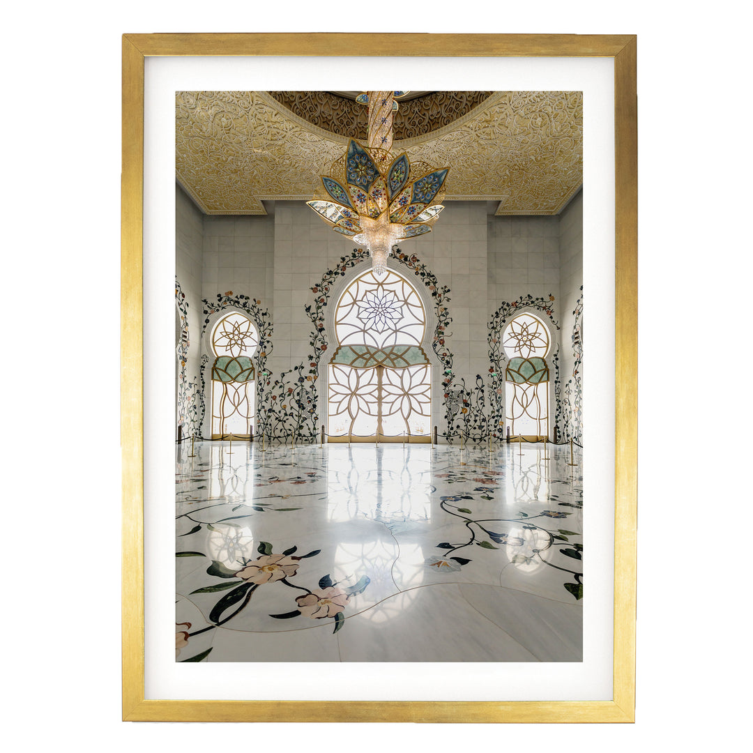 Grand Mosque Interior, Abu Dhabi, UAE – fine art print in a gold frame with white mat