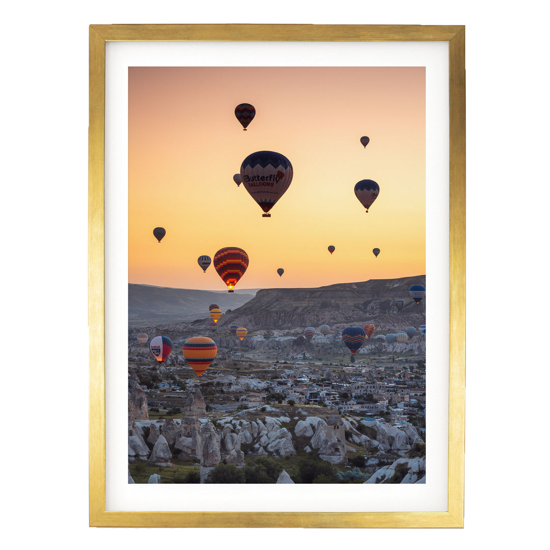 Hot Air Balloons over Cappadocia I, Turkey – fine art print in a gold frame with white mat