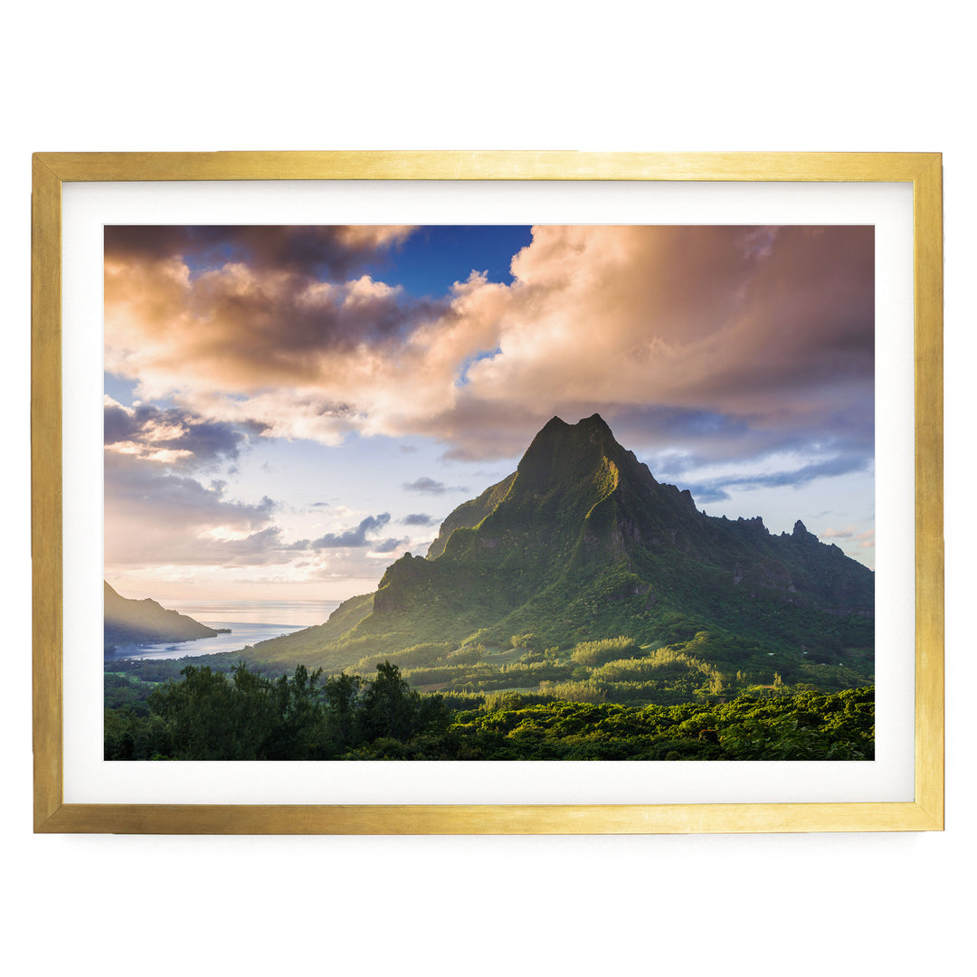 Moorea at Sunset, French Polynesia – fine art print in a gold frame with white mat