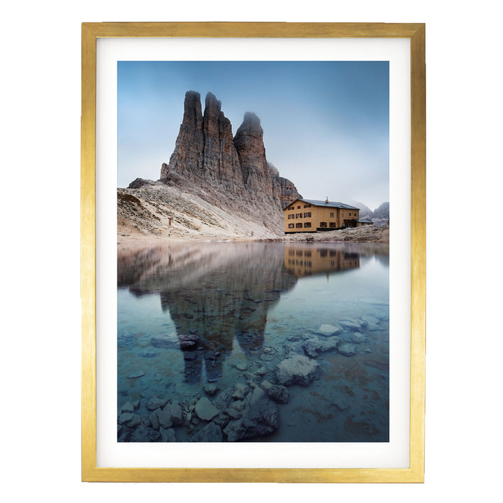 Vajolet Towers, Dolomites, Italy – fine art print in a gold frame with white mat