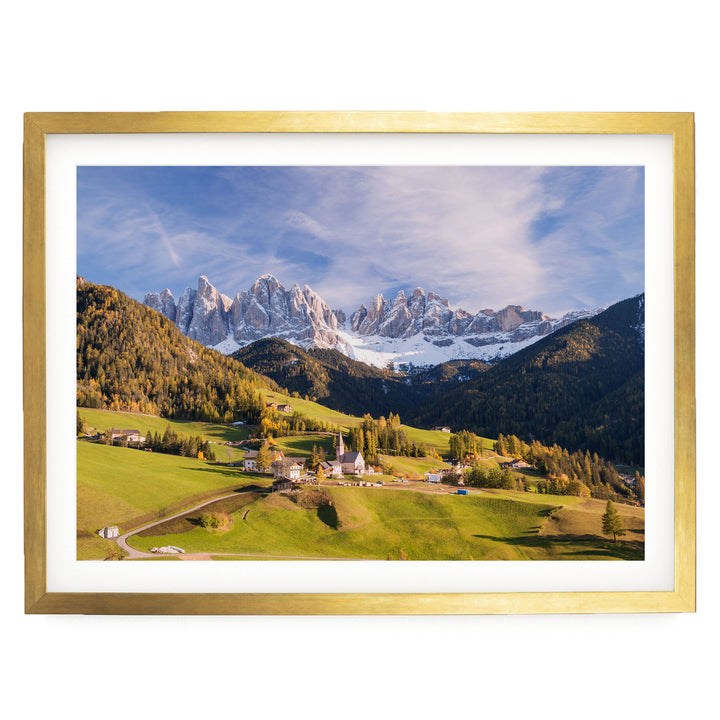 Funes Valley, Dolomites, Italy – fine art print in a gold frame with white mat