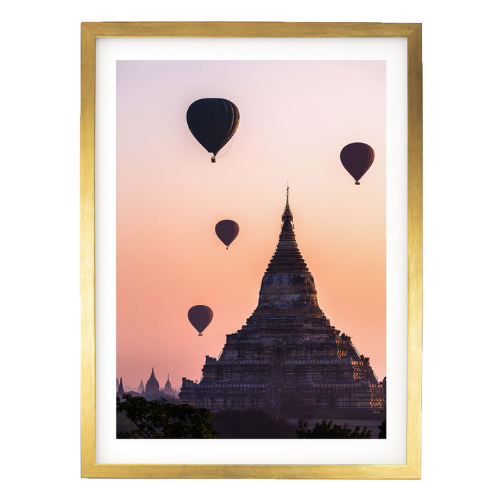 Balloons Flying over Bagan I, Myanmar – fine art print in a gold frame with white mat