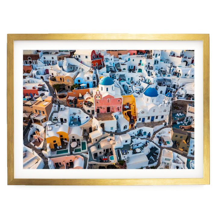 Santorini Colors, Oia, Greece – fine art print in a gold frame with white mat