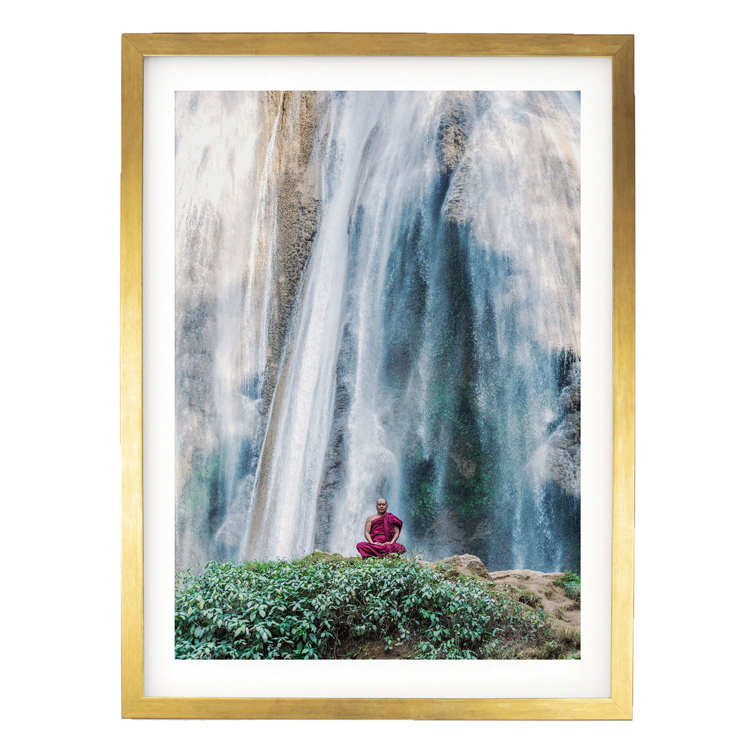 Meditation under the Waterfall, Myanmar – fine art print in a gold frame with white mat