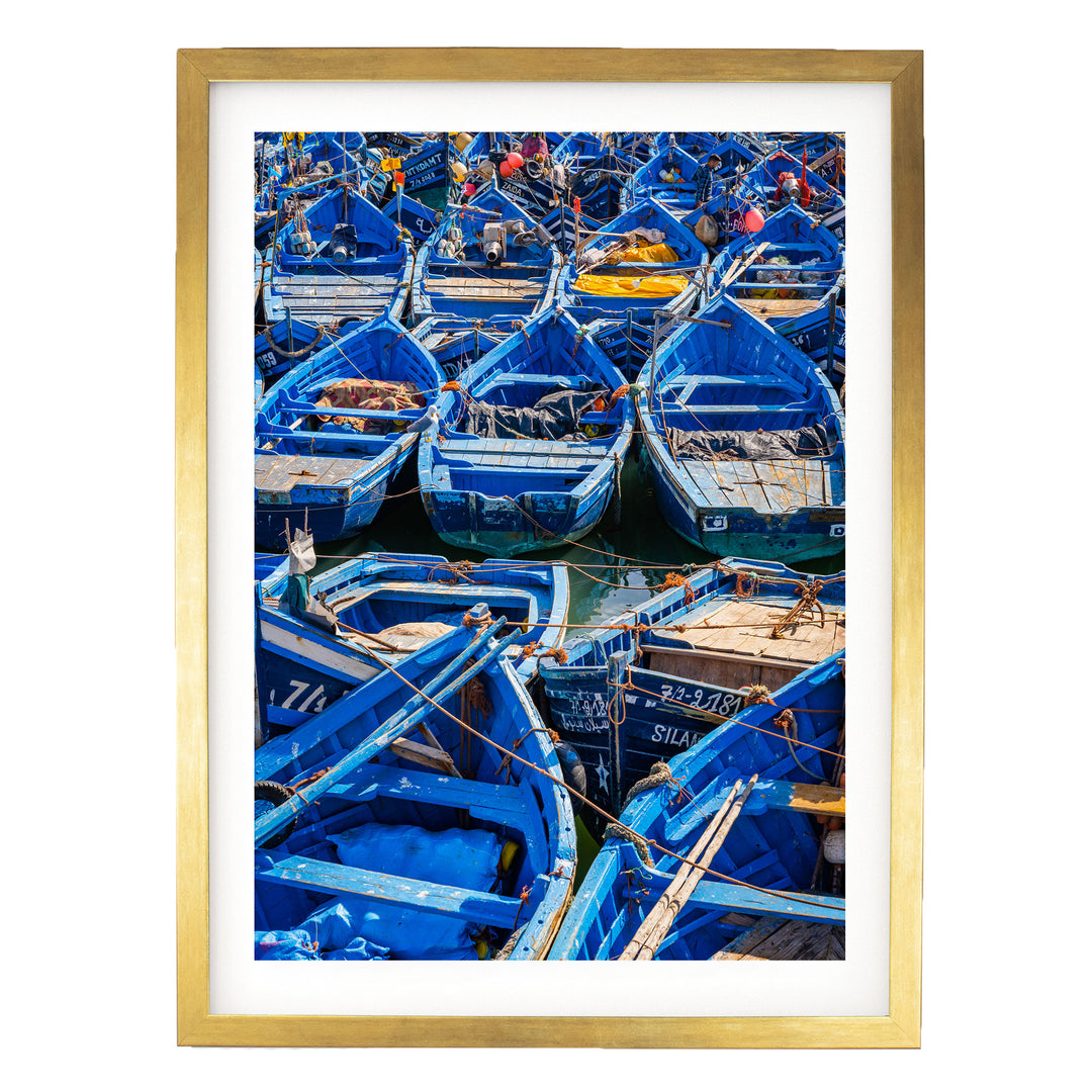 Fishing Boats, Essaouira, Morocco – fine art print in a gold frame with white mat
