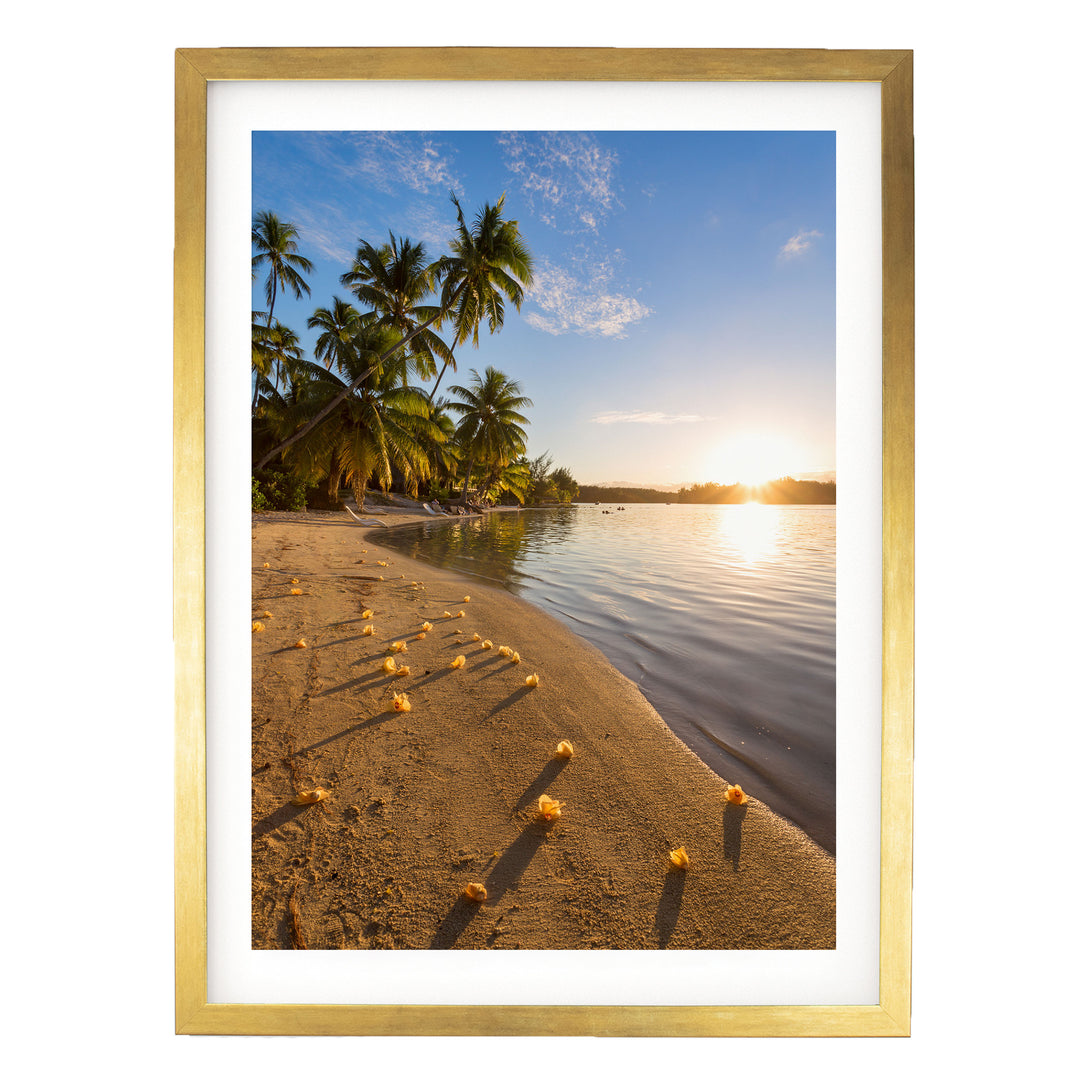 Beach Sunset, French Polynesia – fine art print in a gold frame with white mat