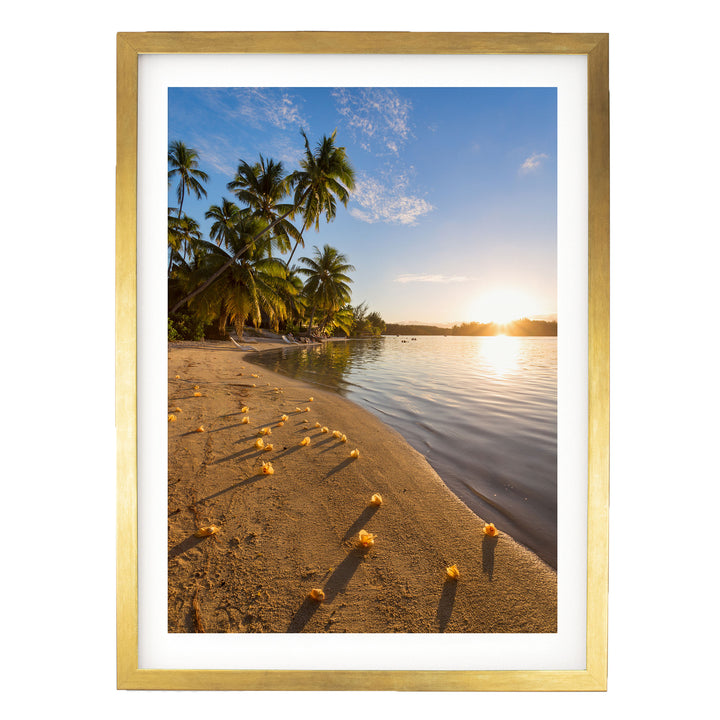 Beach Sunset, French Polynesia – fine art print in a gold frame with white mat