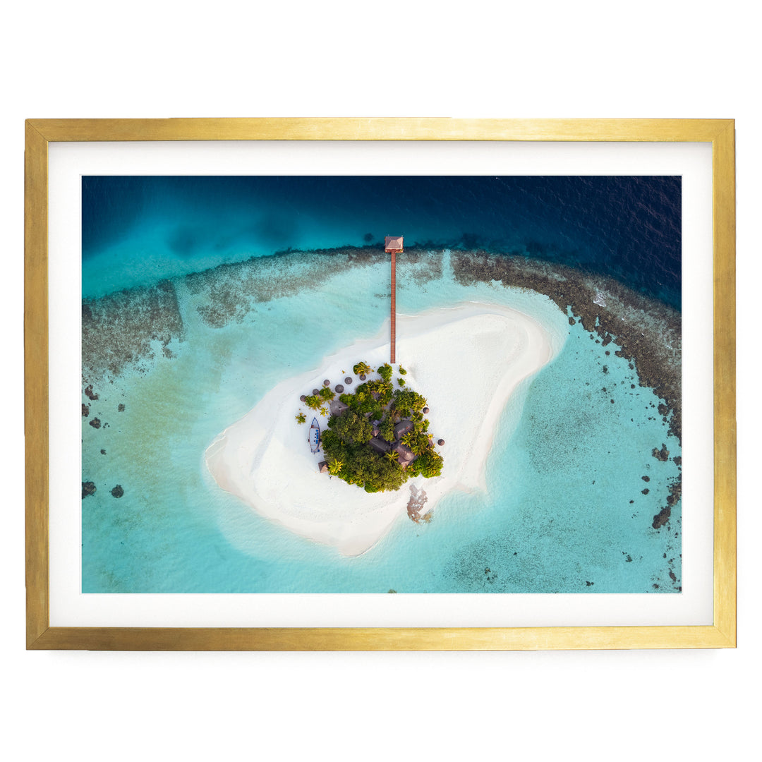 Desert Island, Maldives – fine art print in a gold frame with white mat