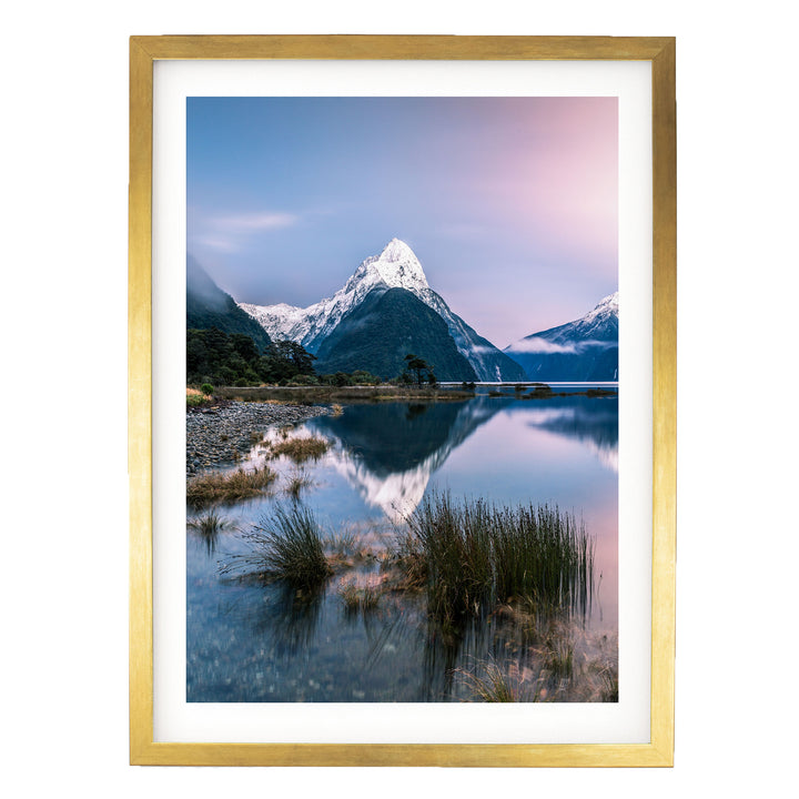 Milford Sound II, New Zealand – fine art print in a gold frame with white mat