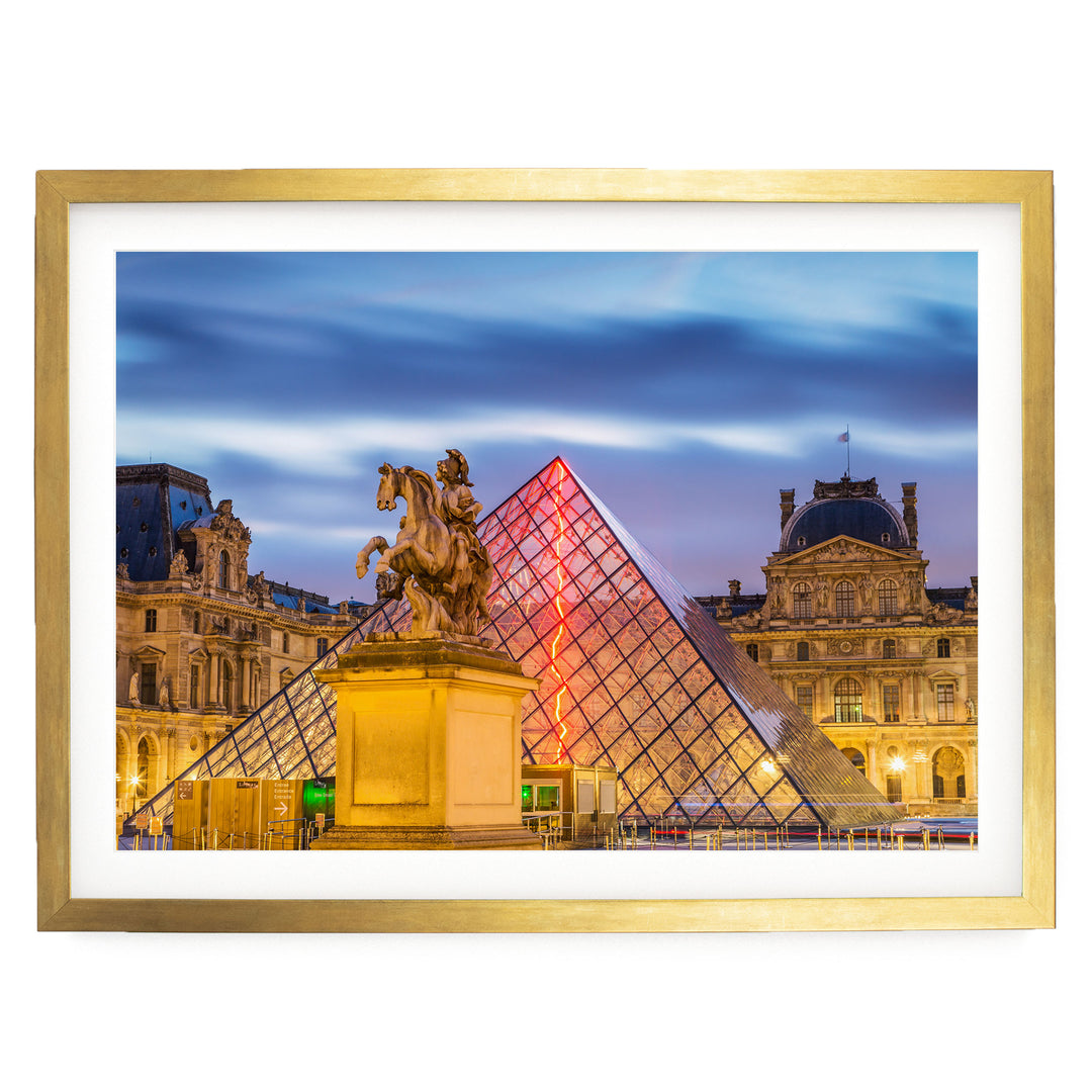 The Louvre at Night, Paris, France – fine art print in a gold frame with white mat